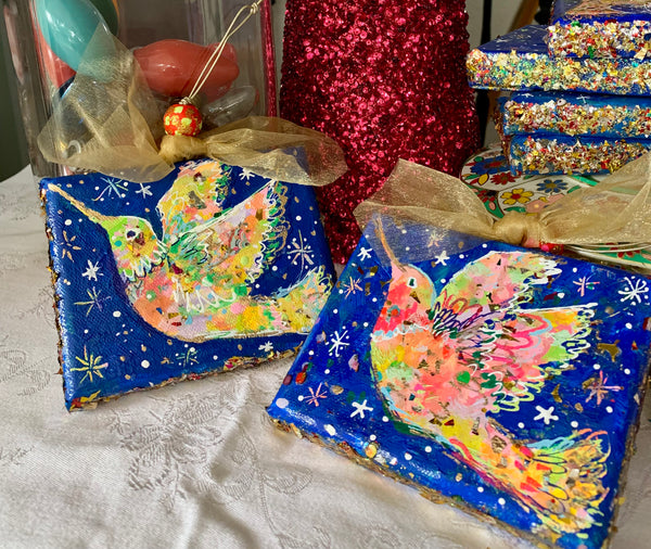 Hummingbird Ornament - 4x5" mixed media painting on canvas