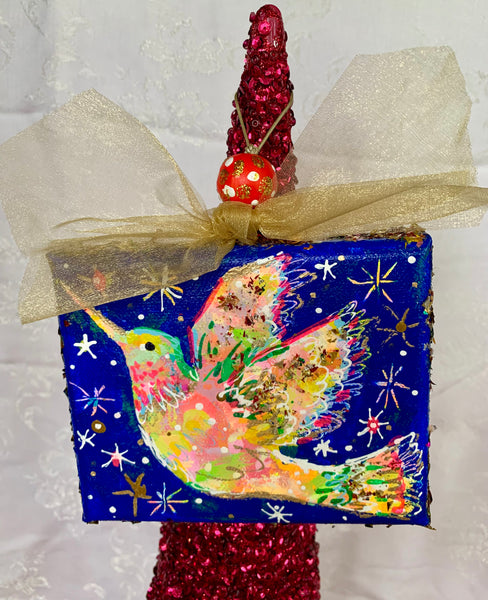 Hummingbird Ornament - 4x5" mixed media painting on canvas