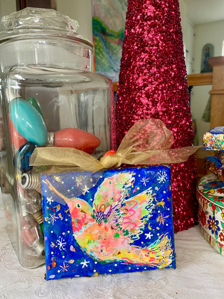Hummingbird Ornament - 4x5" mixed media painting on canvas