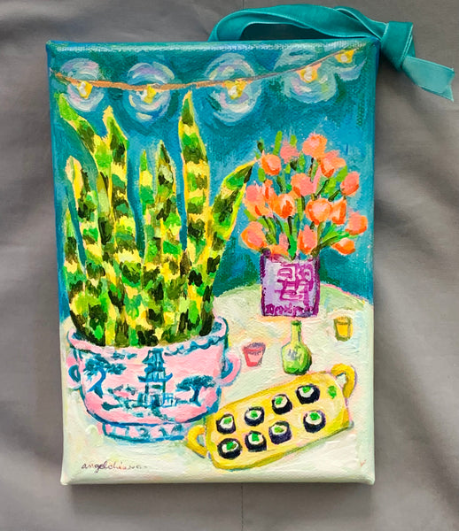 Snake plant and Sushi - 5x7" painting on canvas