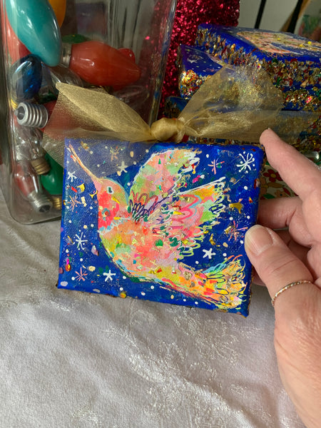 Hummingbird Ornament - 4x5" mixed media painting on canvas