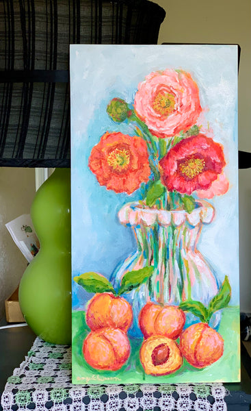 Peaches and Poppies  10x20” wood panel