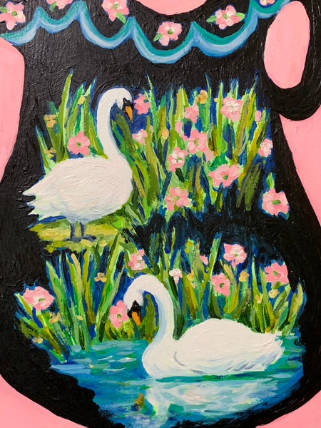 Swans Pitcher  12x16” cradled wood