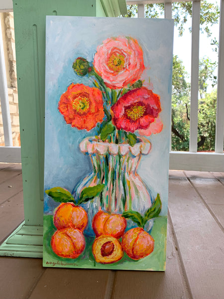 Peaches and Poppies  10x20” wood panel